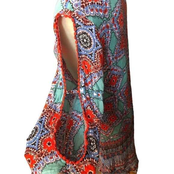 Democracy boho medallion teal and off red orangish paisley print 3/4 sleeves wit - Picture 5 of 12